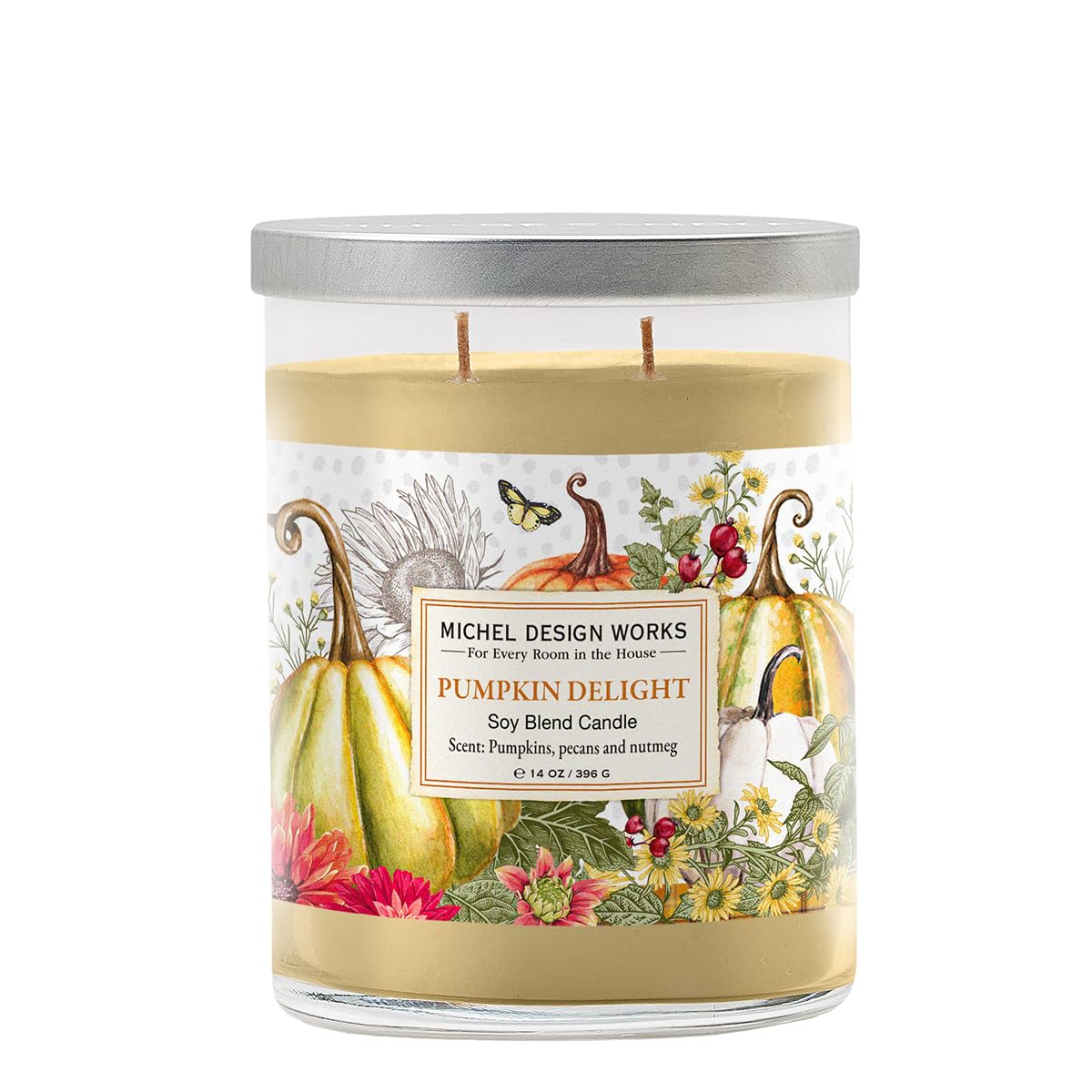 Michel Design Works Pumpkin Delight Scented Candle, 14 oz Soy Blend Dual Wick Candle, Glass Jar with Lid, 75 Hour Burn Time, Pumpkin Spice Fall Home Fragrance Gift