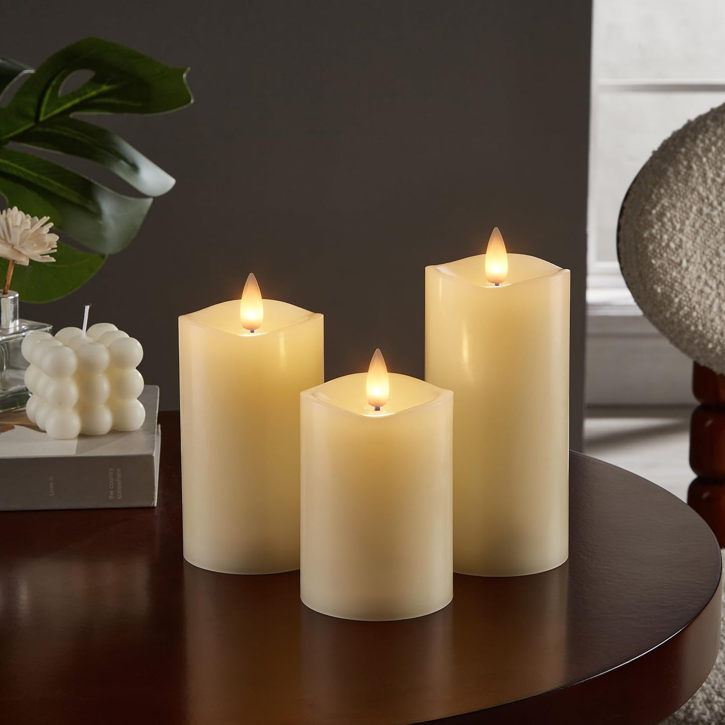 CozierGlow Flameless Pillar Candles Flickering with Remote Timer, Battery Operated LED Candles Up to 400 Hours, 3D Moving Flame Real Wax Candles. (Ivory Melted Top)