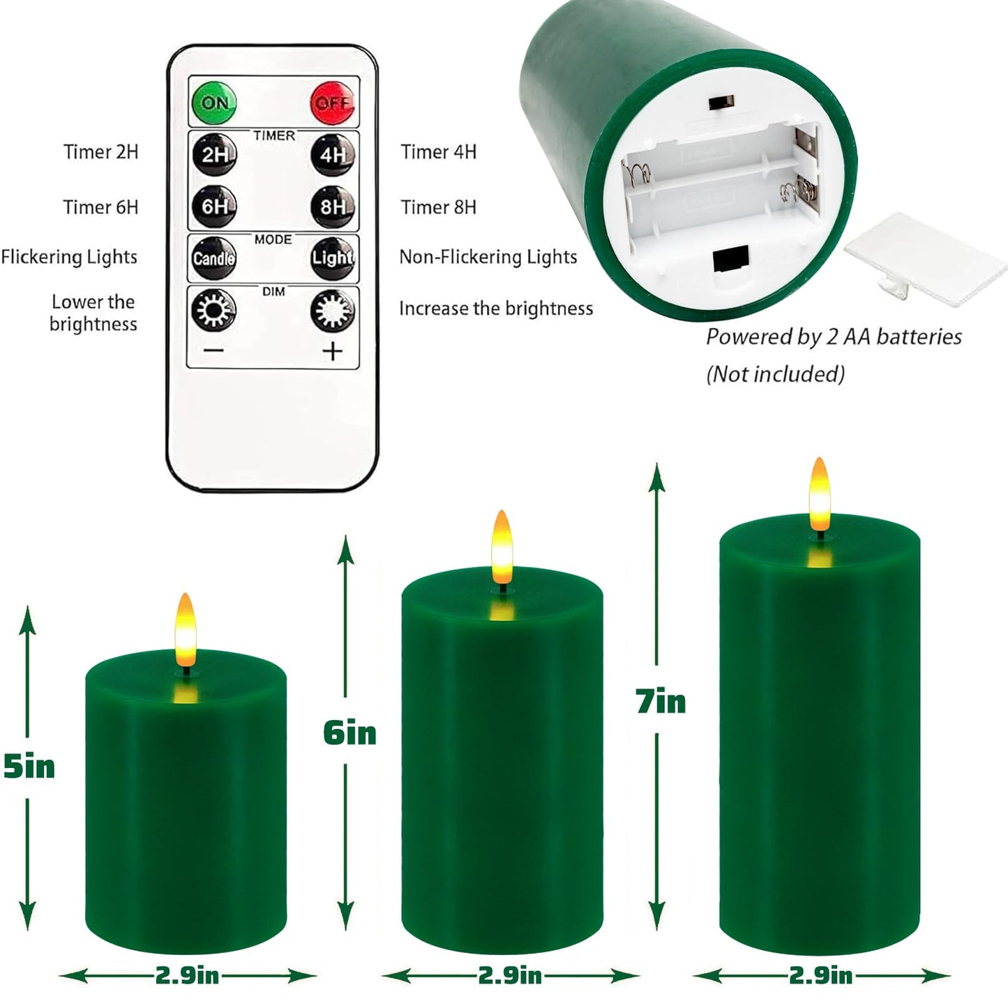 Green Flameless Candles, Set of 3 Flickering LED Candles with Remote & Timer, Dimmable Real Wax Electric Pillar Candles Battery Operated, Candles Light for Home St. Patrick's Christmas Decor (Green)