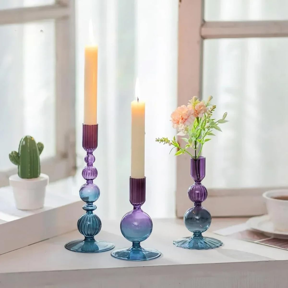 Mineaud 3Pcs Glass Candlestick Holders Glass Taper Candle Holders Groovy Wavy Elegant Candle Stick for Home Party Decoration,PurpleBlue