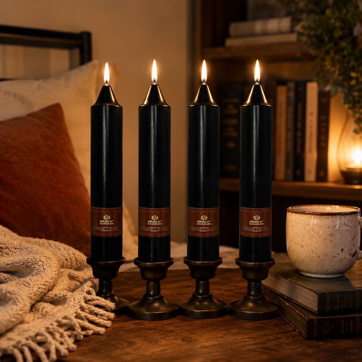 Black Short Taper Candles Set of 4, 7 Inch Handmade Candle Stick, Unscented Tapered Candles, Taper Candles for Wedding Dinner Table Home Decor Gift
