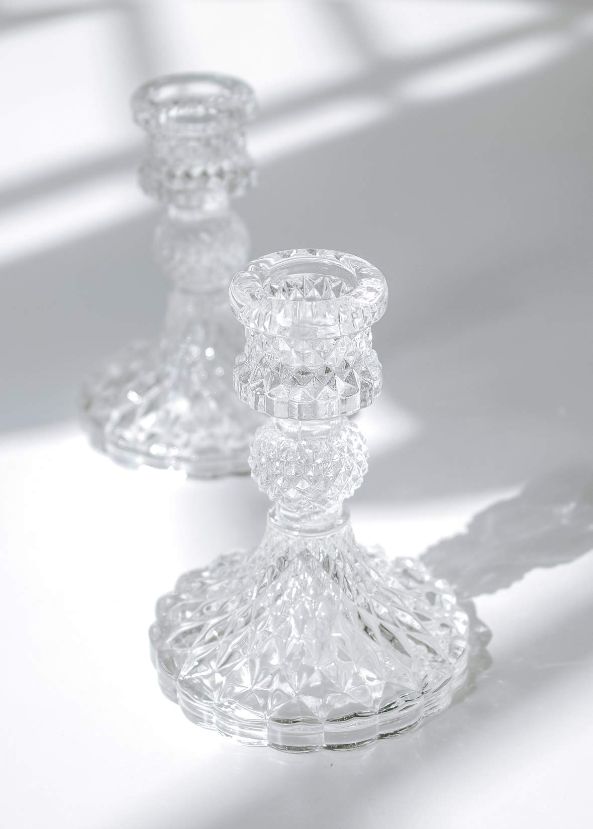 Taper Candle Holders Set of 2, Clear Glass Candlestick Holder Fit 0.8 Inch Candles, 4 Inch Tall Crystal Decorative Candle Stand Centerpiece for Table Wedding Dinning Party