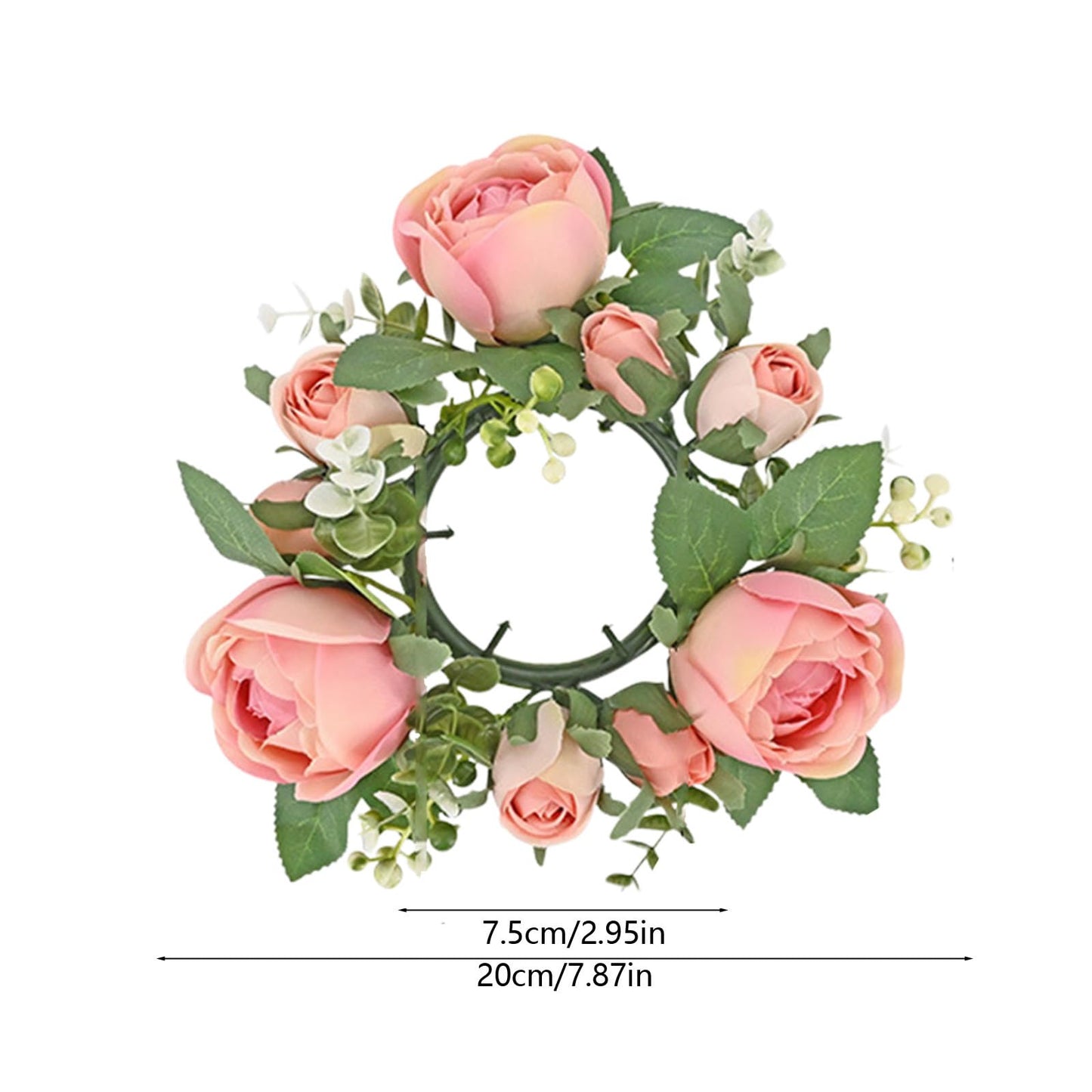 Artificial Rose Candle Rings Wreath Mini Floral Wreaths Pillar Candle Holder with Blooming Flowers and Green Leaves for Wedding Party Home Table Centerpieces Decor (Pink)