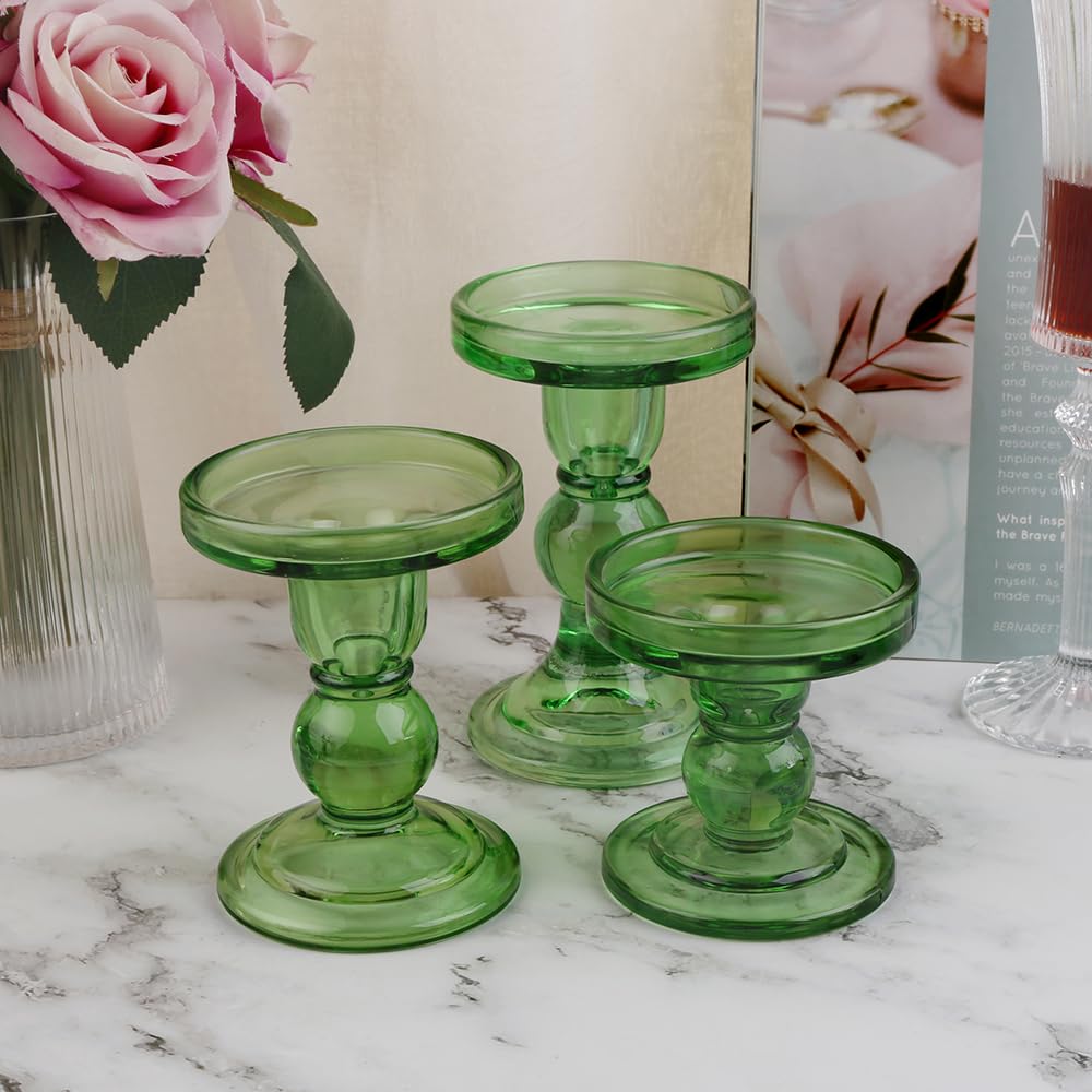 BTGLLAS 6-Piece Set of Green Glass Candlestick, Crystal Candlestick Holder Holder and Conical Candle, Christmas Candle Holder Decoration, Family Living Room Wedding Candle Holder (green2sets)