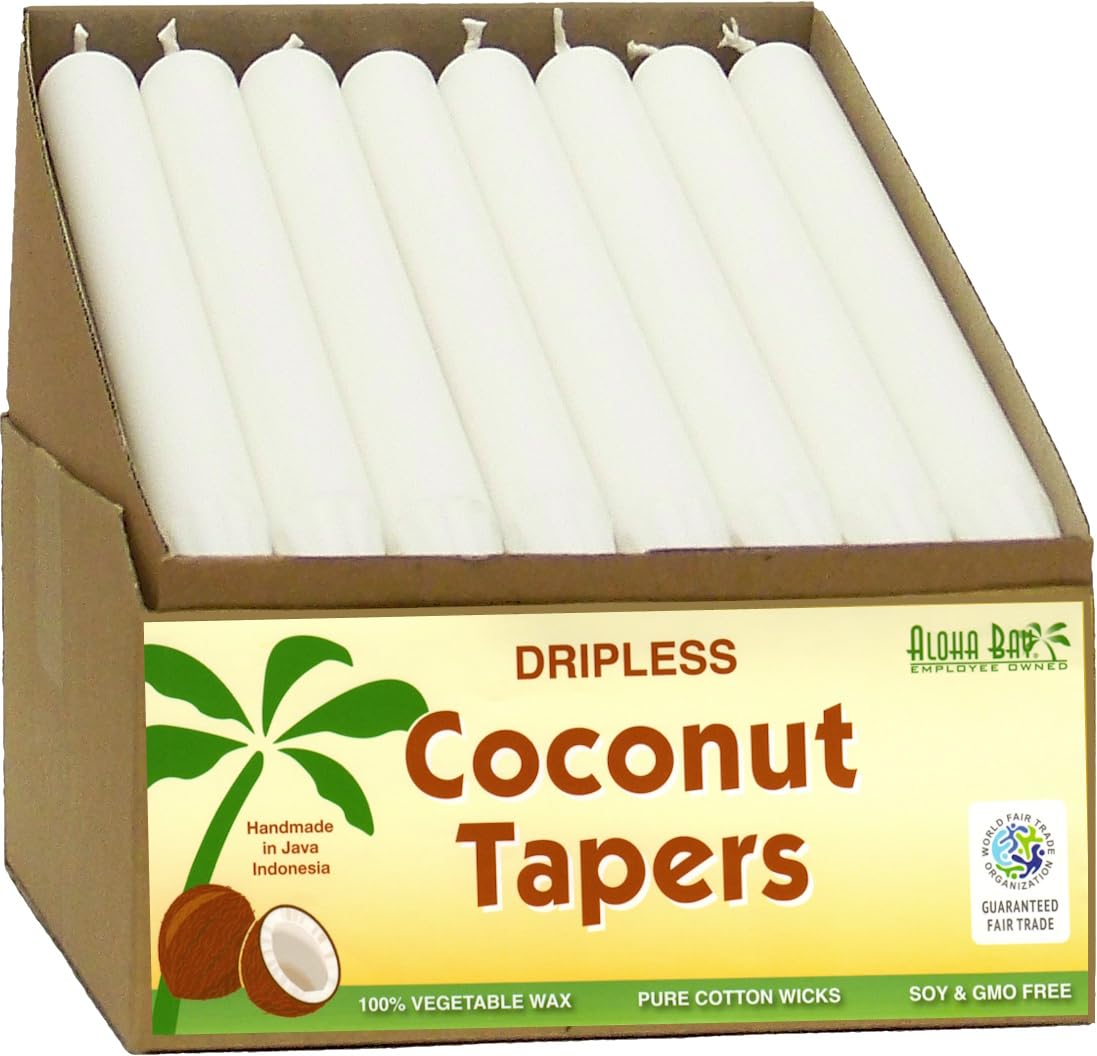 Aloha Bay Coconut Taper Candle – Dripless, Unscented 9 Inches w/ 9-Hour Burn Time & Pure Cotton Wicks for a Clean, Steady Glow for Special Occasions | Unscented | 32-Pack | White