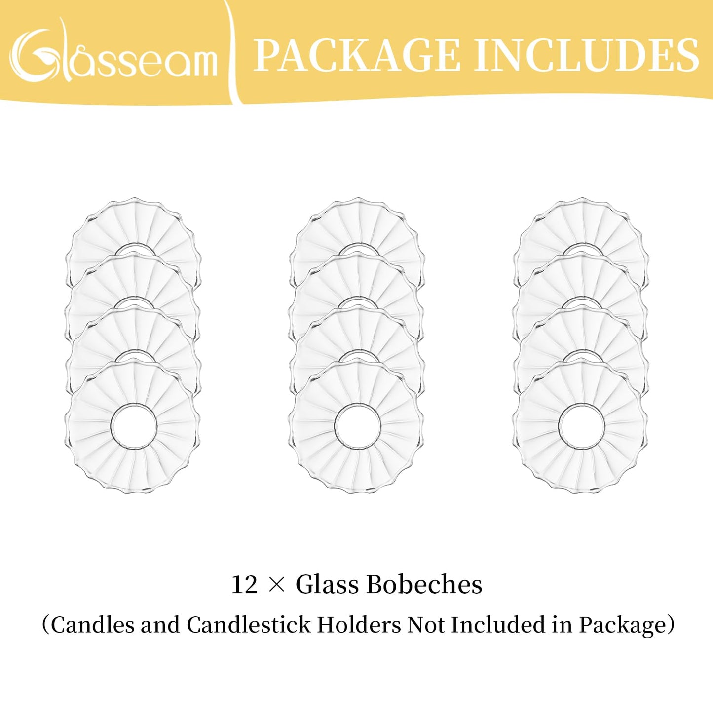 Glasseam Glass Bobeches for Candlesticks Holders: Clear Candle Drip Protectors Set of 12 Ribbed Wax Catchers for Candle Stick Holder Taper Candle Holders for Table Centerpiece Wedding Christmas Dining