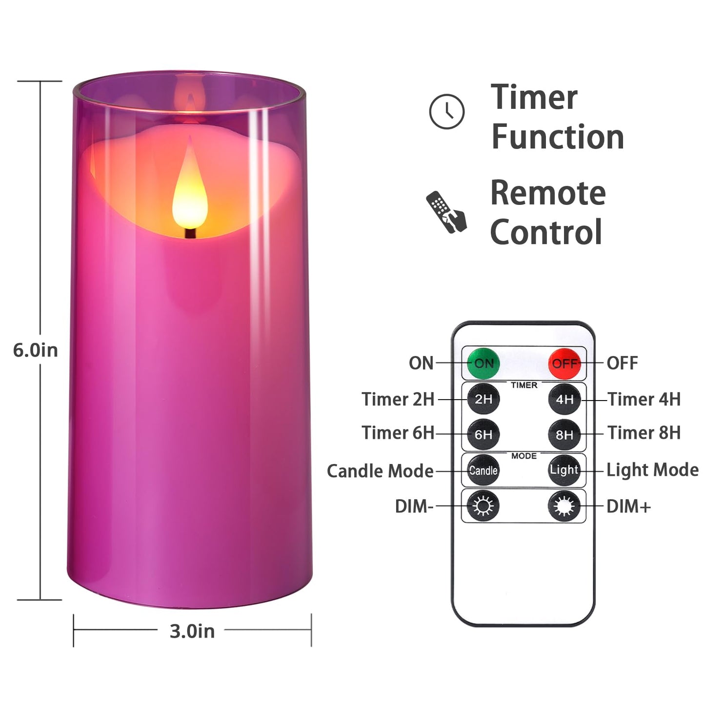 NURADA 3"x6"Flickering Flameless Candles: 3D Wick Unbreakable Acrylic Battery Operated LED Pillar Candles - Battery Candles with Remote and Timer for Table Wedding Centerpieces Party Decor Purple