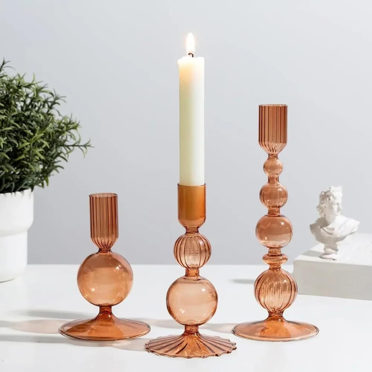 Mineaud 3Pcs Glass Candlestick Holders Glass Taper Candle Holders Groovy Wavy Elegant Candle Stick for Home Party Decoration,Brown
