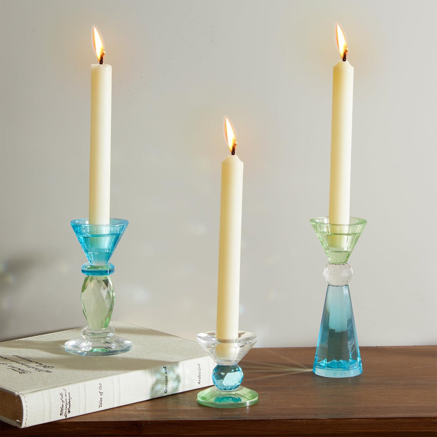 DN DECONATION Glass Candle Holder Set of 3, Candlesticks Holders Blue & Clear Crystal Tealight Candles Holder for Table Centerpiece Wedding Decorations Housewarming Gift Living Room Party