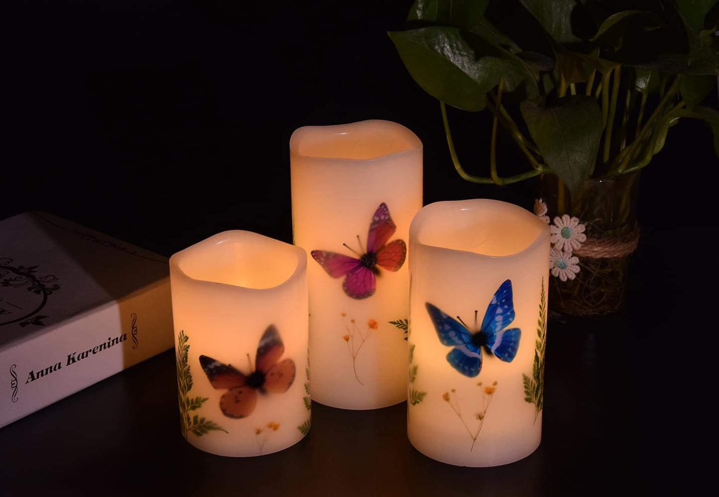 UNIVELA Candles Set of 3 Flameless 4" 5" 6" Unscented Tealight Butterfly Flower Plants Decor Real Wax Pillar Candle LED Lights 12 Color Changing 4H 8H Timer Remote Control AAA Batteries Operated