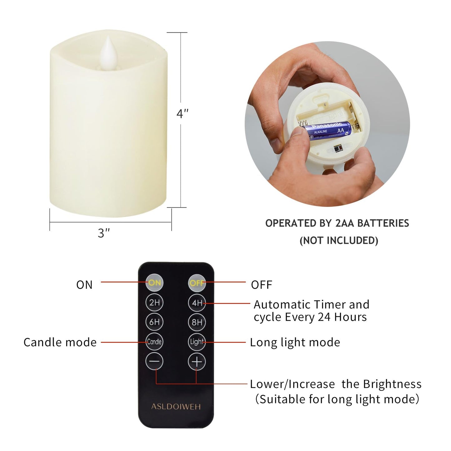 ASLDOIWEH 3x4 Flameless Candles Set of 1, 2AA Battery Life 600 Hours Battery Candles Flickering with Timer, 4 inch Flameless Candles with Remote for Indoor/Outdoor, Ivory