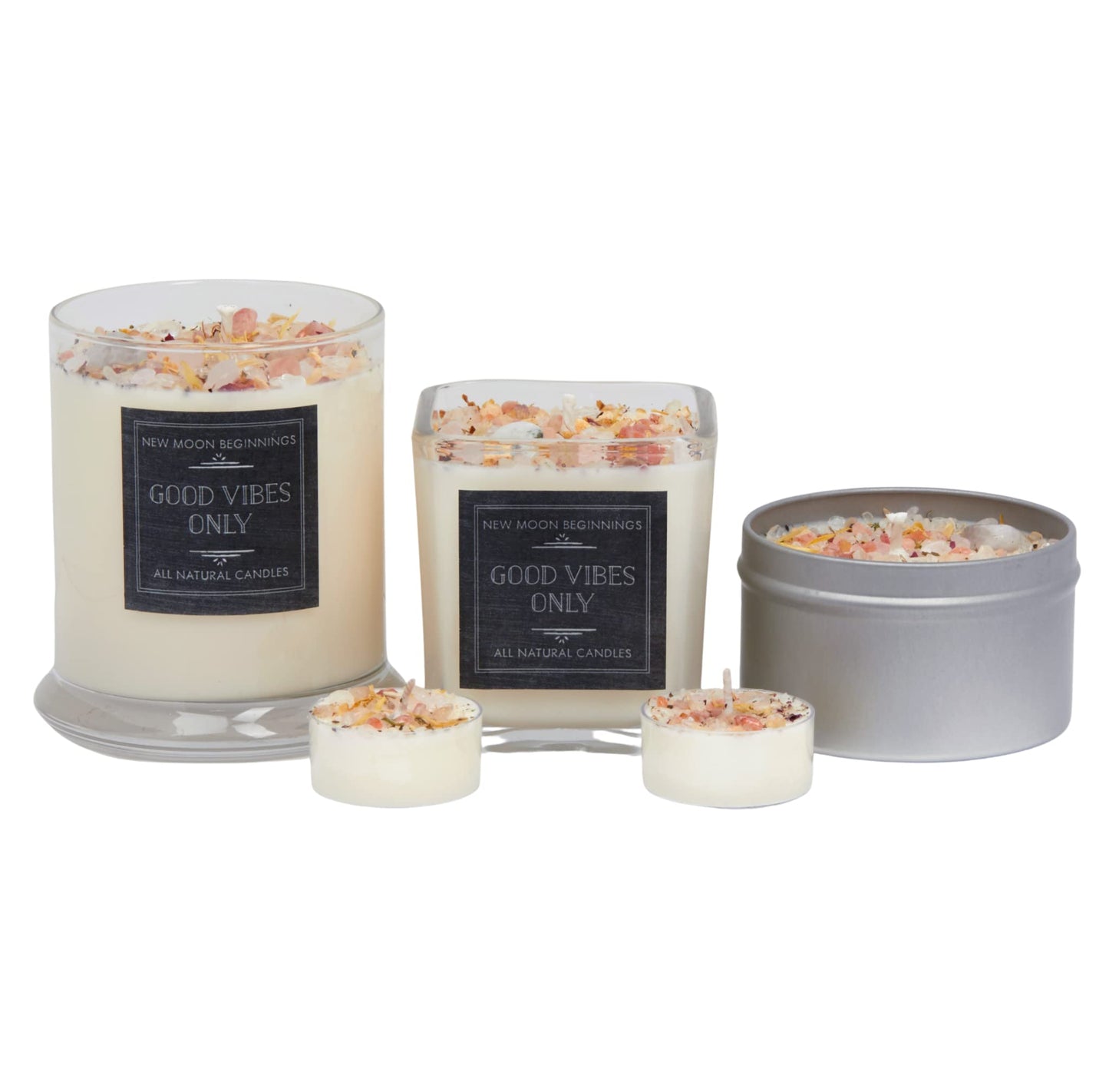 Good Vibes Only Candle by New Moon Beginnings - Negative Energy Cleansing - Soy Aromatherapy Candle - Handmade with Crystals & Herbs (21oz Round Glass)