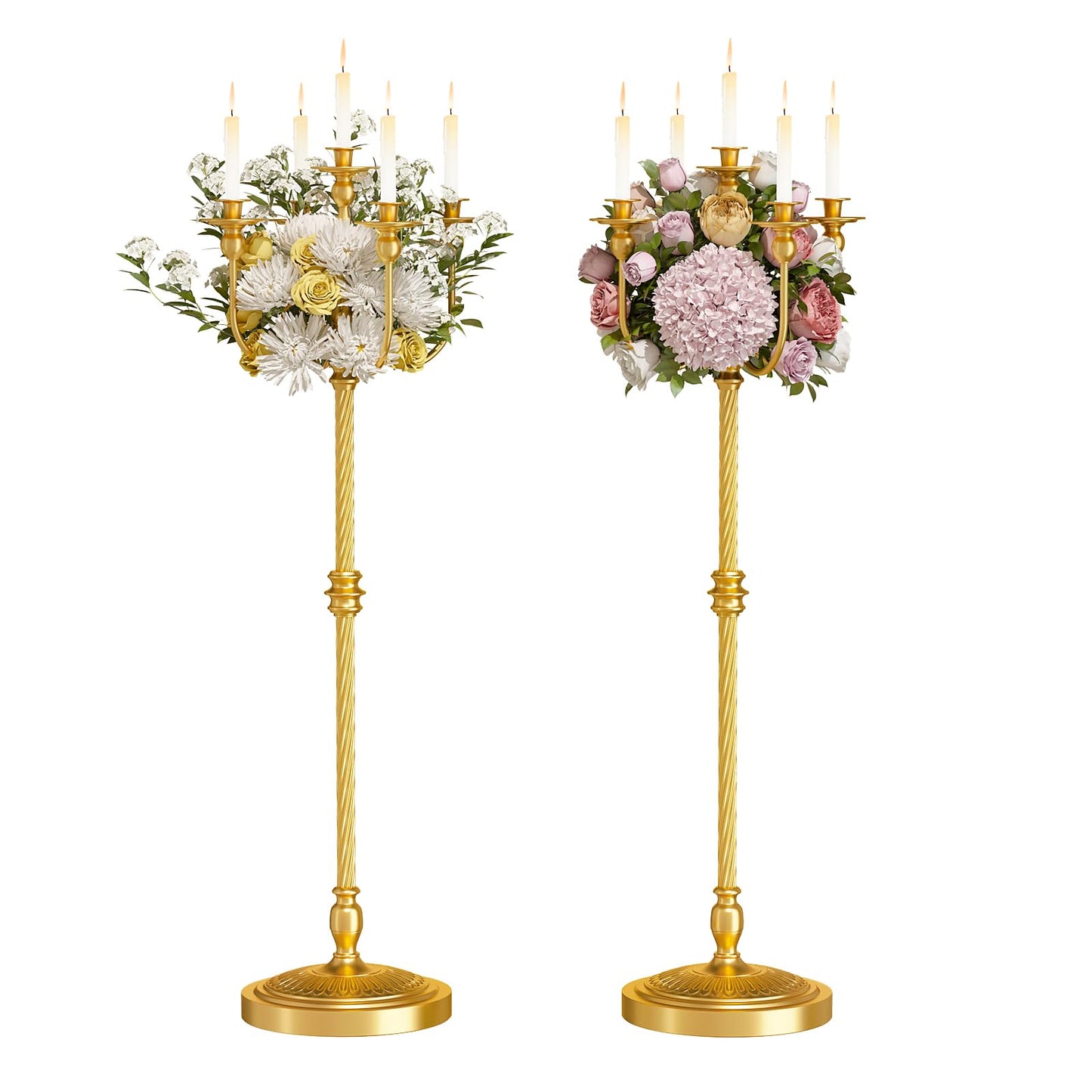 mopam 2 Pcs Floor Candelabra 50 Inch Gold Candelabra Centerpiece 5 Arms Floor Standing Candelabra Gold Candlestick Holder Antique Candle Holder Decorative for Party, Ceremony, Wedding (Line Styling)