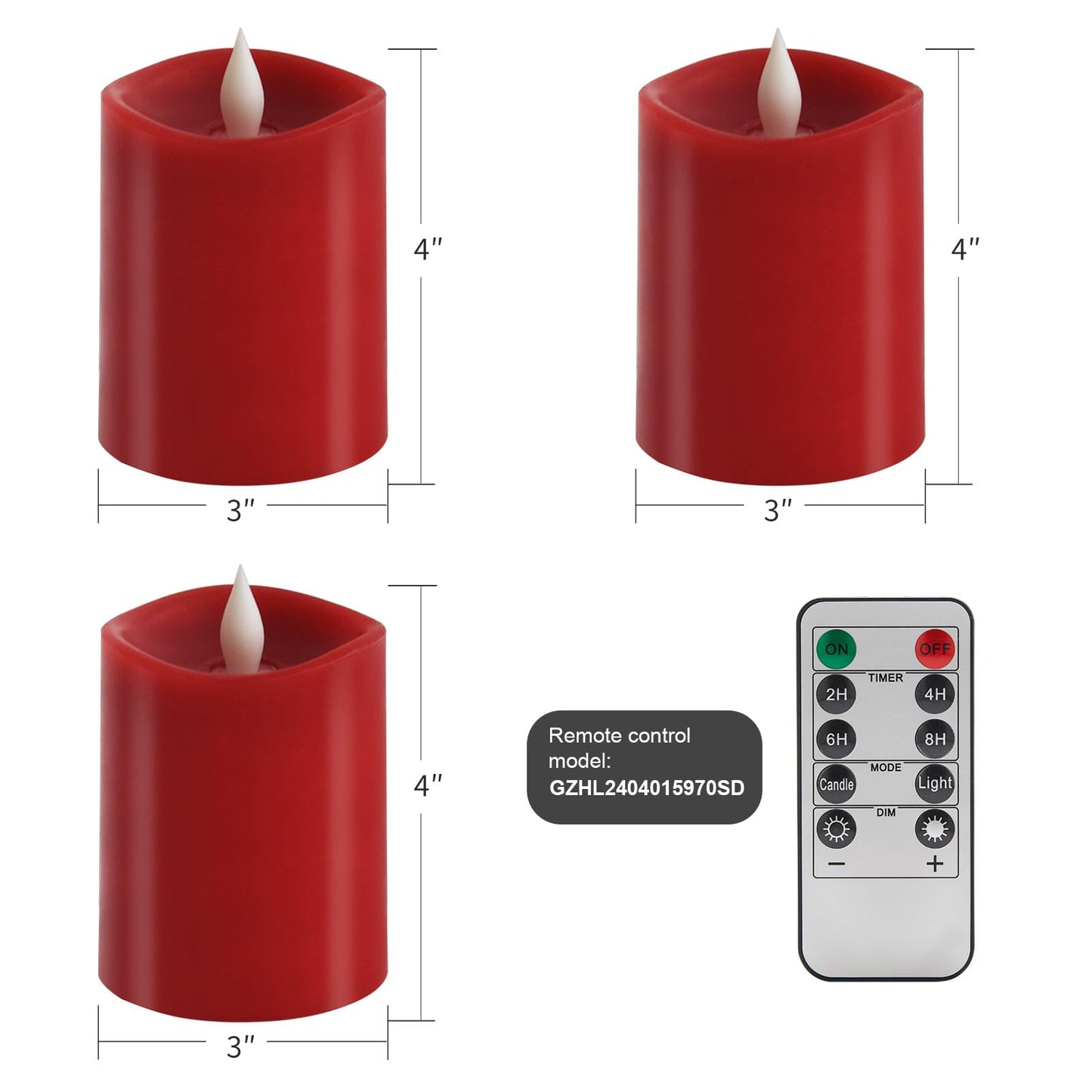ASLDOIWEH 3x4 Flickering Flameless Candles Set of 3, 2AA Battery Life 600 Hours Battery Candles Flickering with Timer,4 inch Flameless Candles with Remote for Indoor/Outdoor, Red