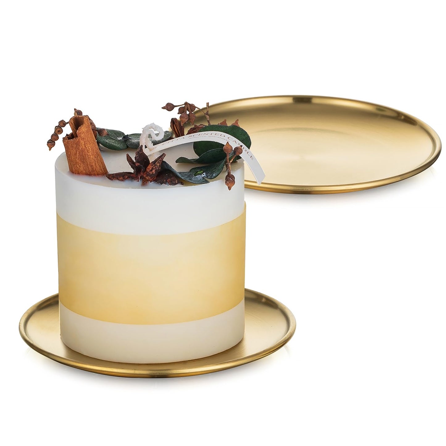 Romadedi Gold Pillar Candle Holders Decor - 5.5 Inch Round Candle Tray Decorative Brass Metal Plate Candle Srand for 3 Wick Candles Jars for Coffee Table Countertop Home Decorations, Set of 2