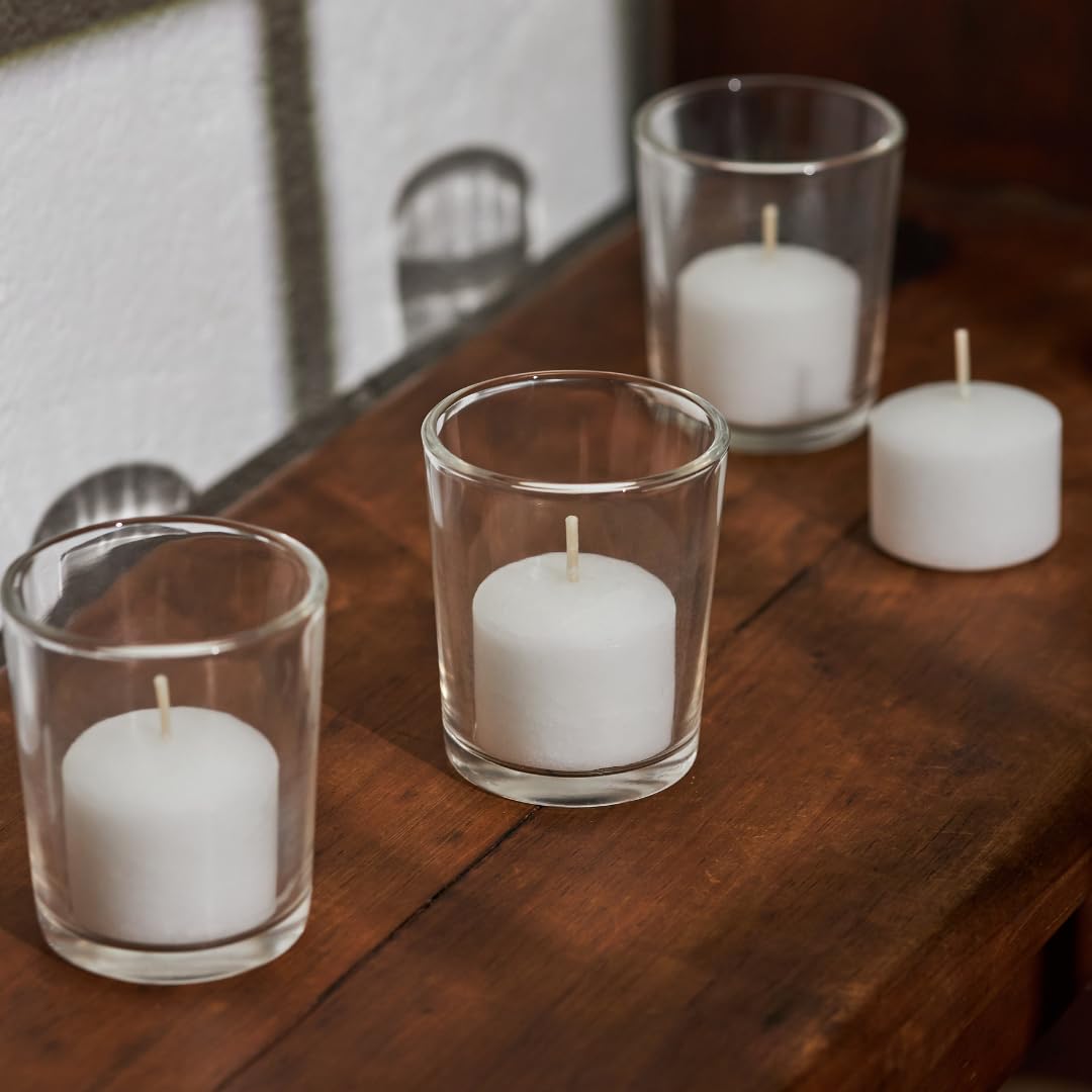 Simply Soson Votive Candles Bulk, 24 White Votive Candles with Glass, 10 Hours Burn time, Small Candles, Bulk Candle, Unscented Candle Votives for Wedding, Birthday, Holiday & Home Decor