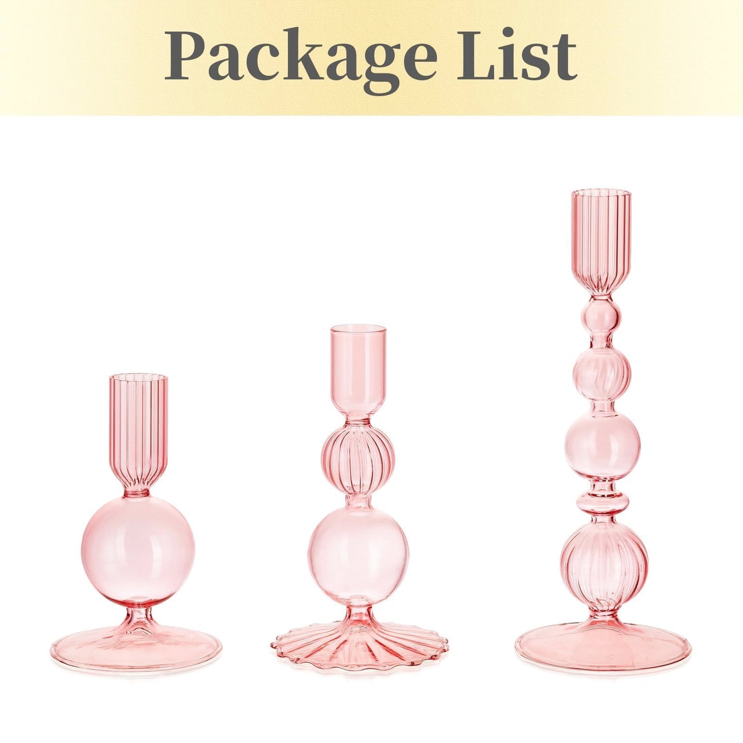 Hewory Glass Candlestick Holders Set: 3PCS Pink Candle Holder Taper Candle Holders Bulk, Crystal Ribbed Candle Sticks Holder Decor for Table Centerpiece Wedding Christmas Thanksgiving Dinner