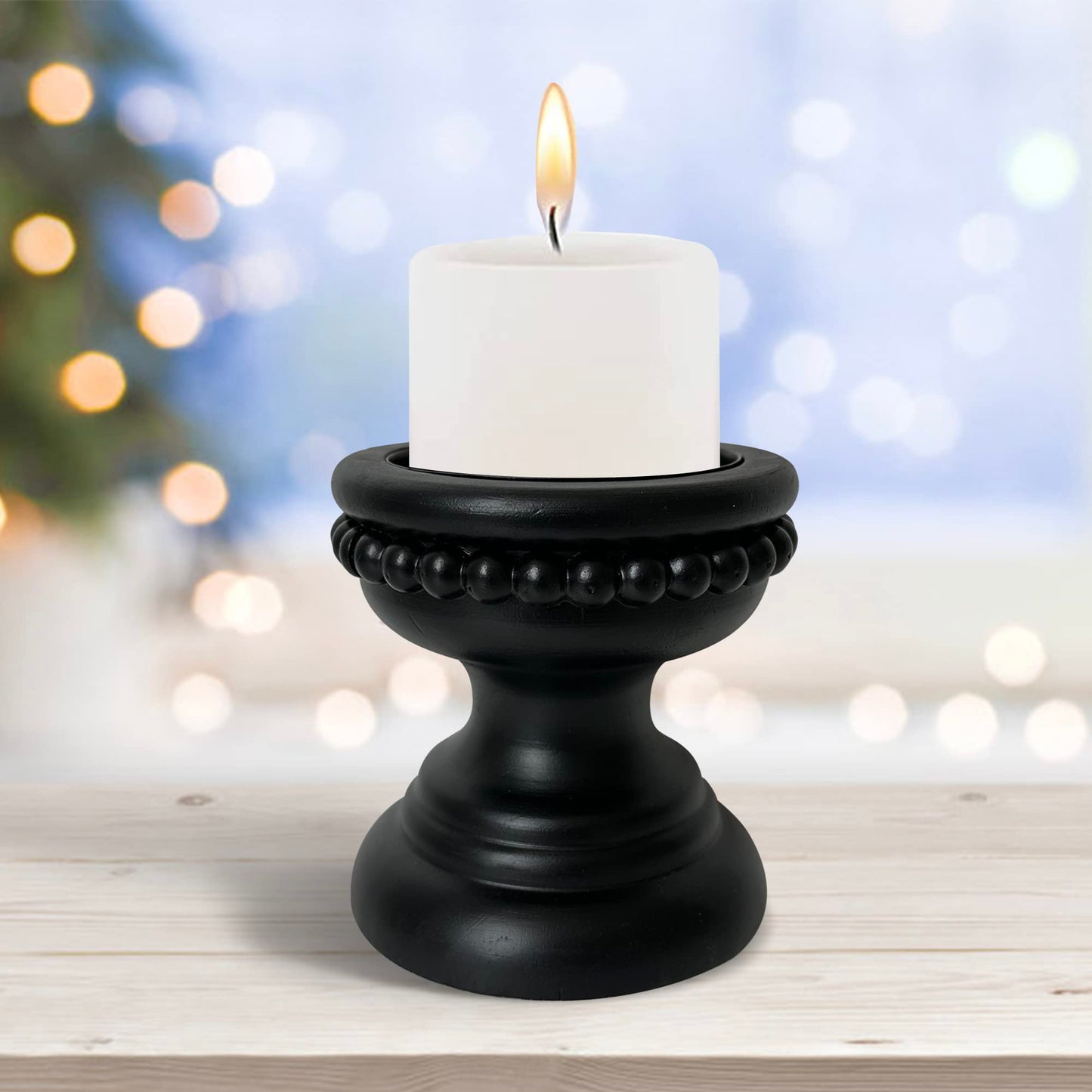 dwellington Farmhouse Rustic Wood Pillar Candle Holder, Decorative Beaded Candlestick Holder Stand for Home Décor, Gifts, Wedding (Black)