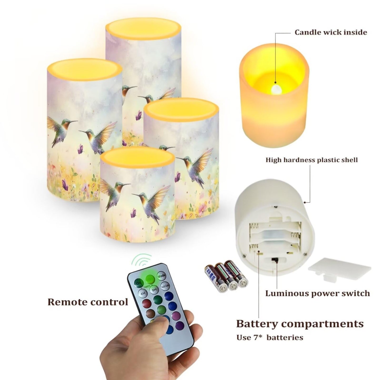 Cozeyat Butterfly Hummingbird LED Candles Set of 4 Battery Powered Flameless with Remote Timer Flickering Waterproof Pillar Candles for Indoor Outdoor Table Beach