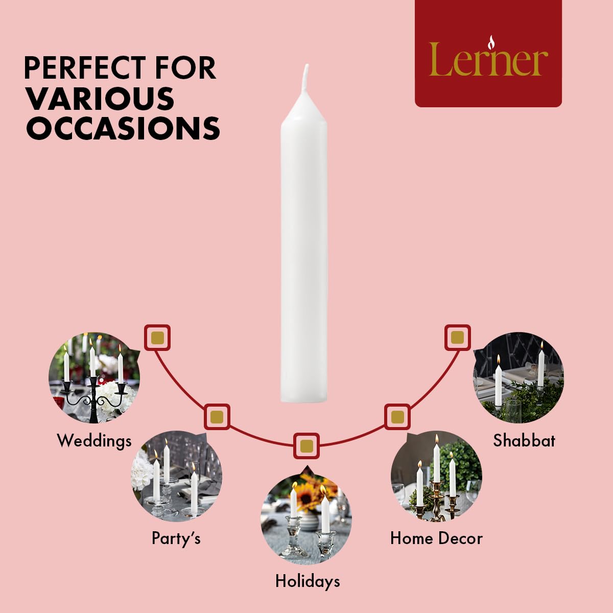 Lerner White Household Candlesticks, Pack of 72 | 4-Hour Burning Time | 5 Inch Tall Dinner Candles | 100% Dripless | Shabbat Candles | Candlesticks for Holidays, Churches, Décor, Emergencies