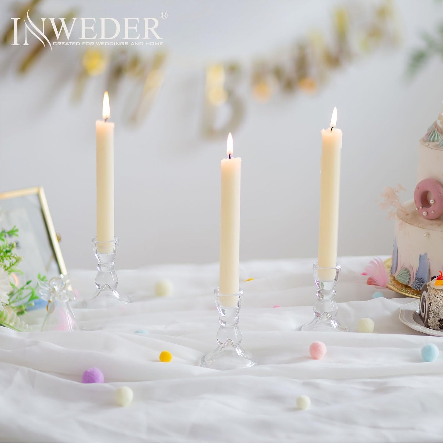 Inweder Glass Taper Candle Holders - Cute Candlestick Holders, 20Pcs Clear Candle Stick Candle Holder, Modern Tapered Candlestick Holders for Standard Candles for Wedding Christmas Home Decor