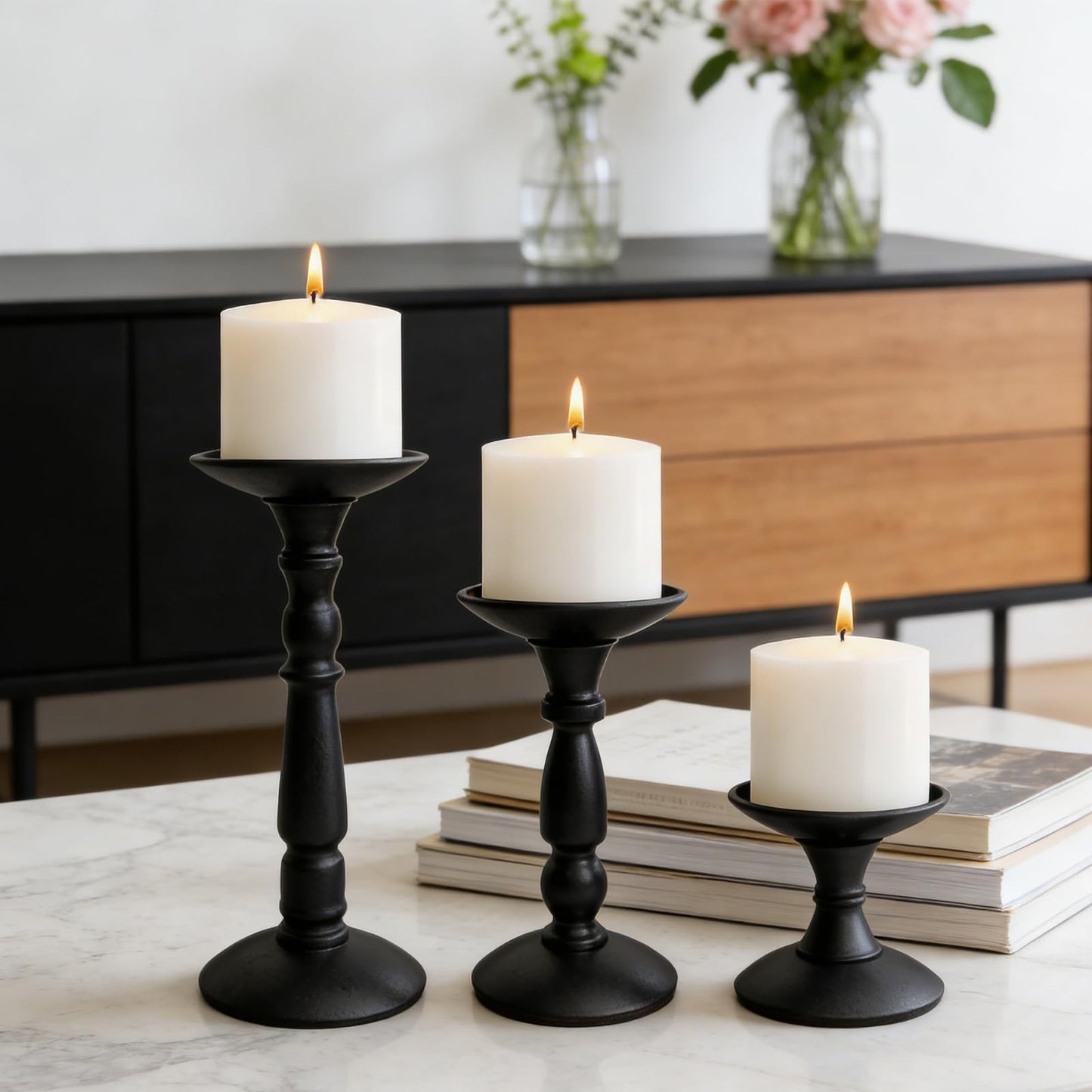 Bryzont Black Tall Pillar Candle Holders Metal Large Candle Stand Set of 3 for Pillar Candles, Dining Table Centerpiece, Fireplace Matel, Living Room, Farmhouse Home Decor, Party
