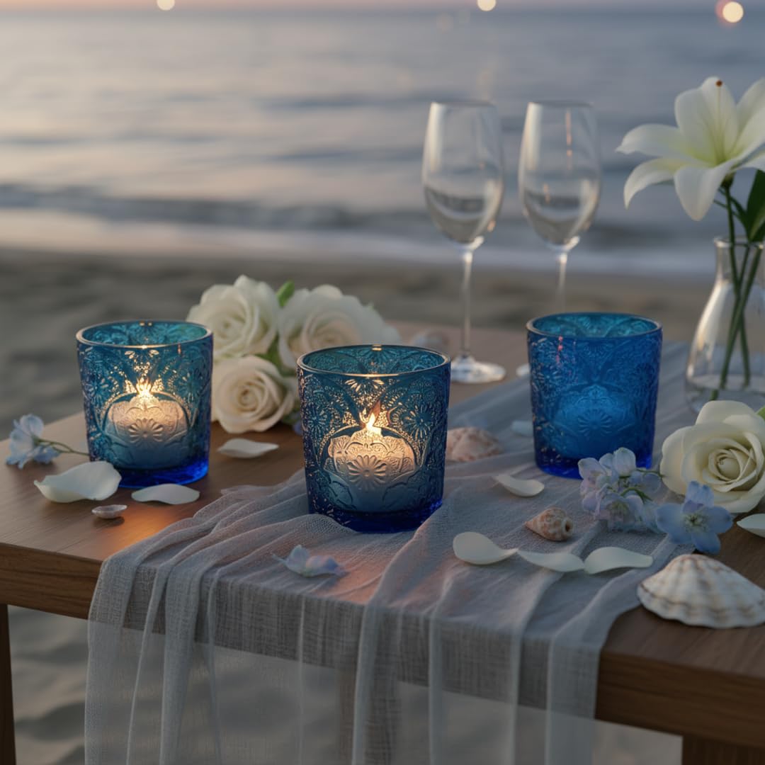 6 Pack Mandala Embossed Glass Candle Holders – Votive Tealight Holders with Patent Design, Decorative Embossed Glass Cups for Wedding Centerpieces, Parties, and Home Décor (Ocean Blue)