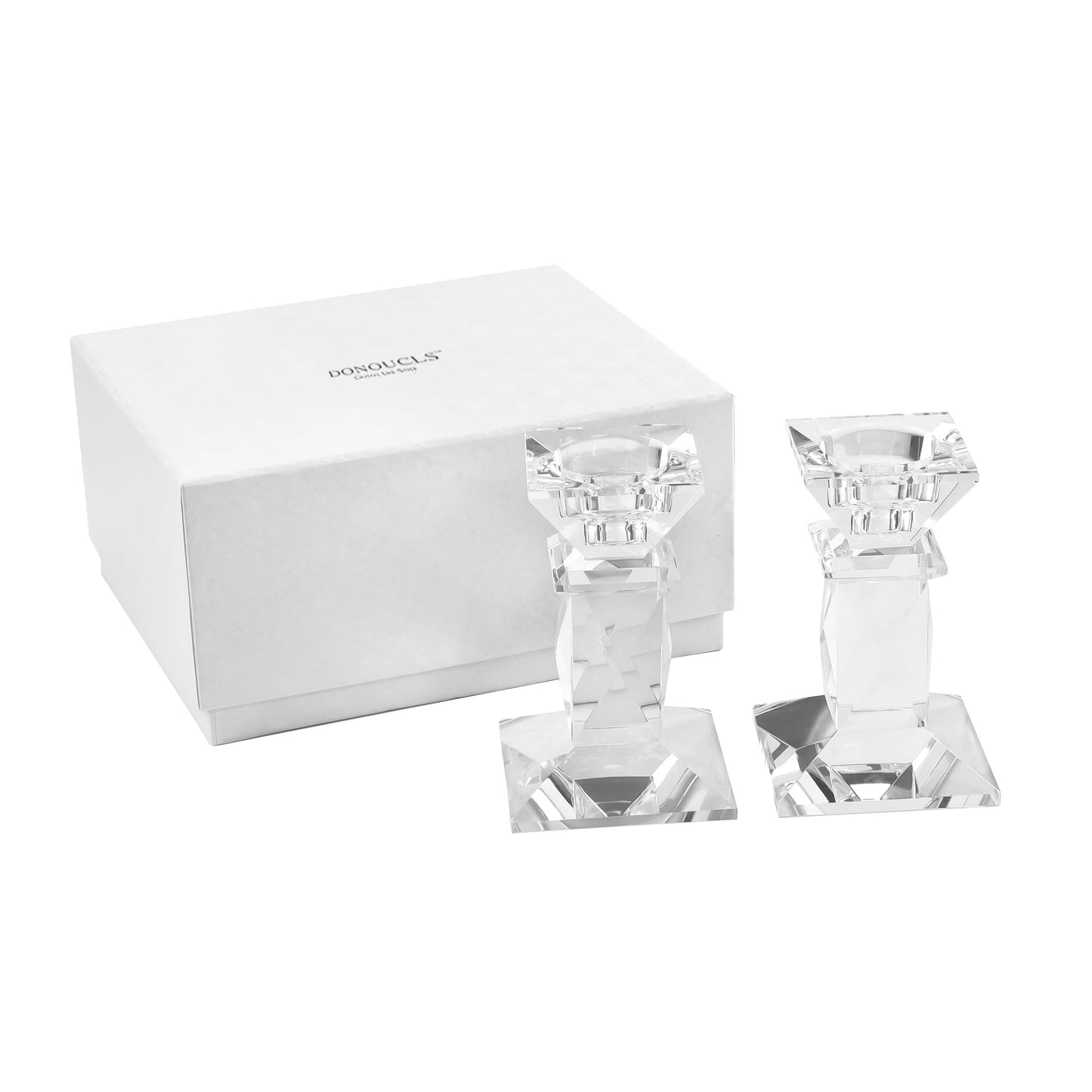 DONOUCLS Crystal Candle Holders Pack of 2, Clear Crystal Taper Candlesticks Holders, Table Centerpiece Home Decor for Wedding, Dining, Party(4.9in Tall)