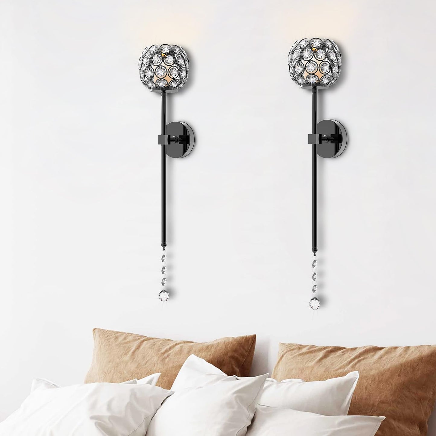 Crystal Candle Sconces for Wall Decorative Candle Holder Sconce Wall Art Home Decor for Bedroom Living Dining Room, Set of 2-Black