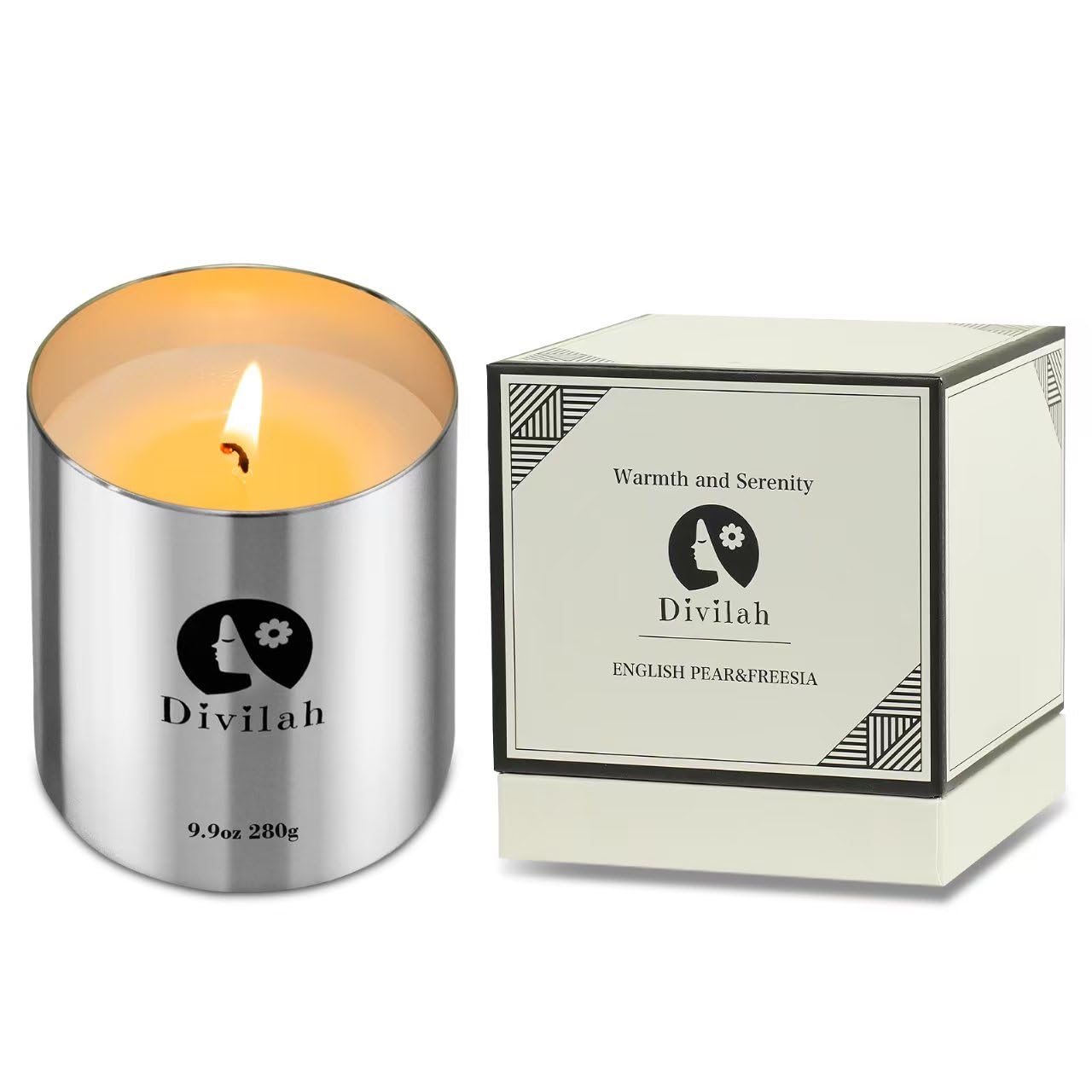 Divilah English Pear&Freesia Scented Candles, 65 Hour Long Lasting Non Toxic Natural Soy Wax in Silver Aluminum Jar, Luxury Large Home Decorative Scented Candle, Aromatherapy Gift for Women, Men,9.9oz