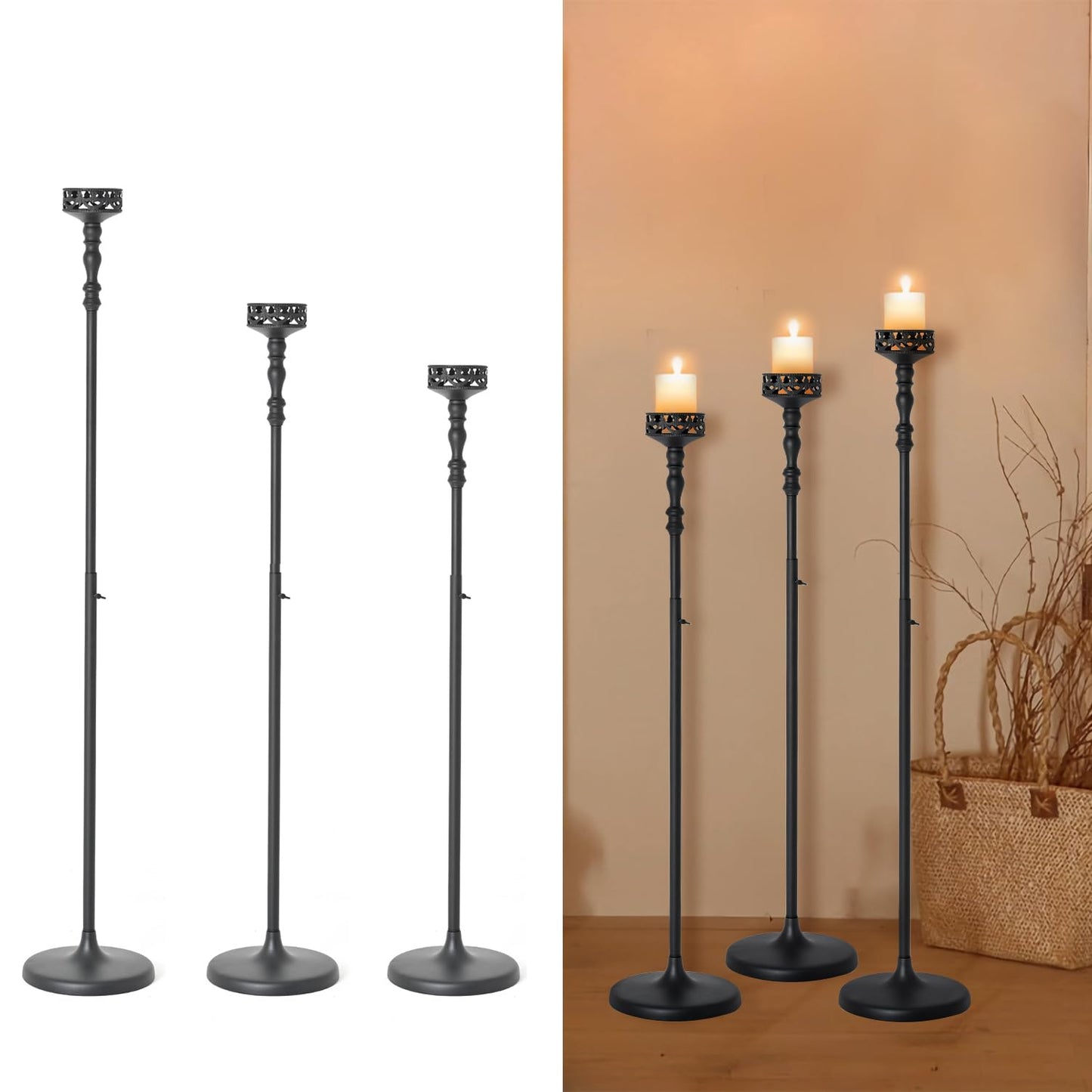 Floor Candle Holder Centerpieces for Tables,3Pcs Black Candle Holder for Pillar Candles Matte Metal Candlestick Set for Wedding Party Home Candles Holder for Ceremony Mantel Decor (Adjustable Height