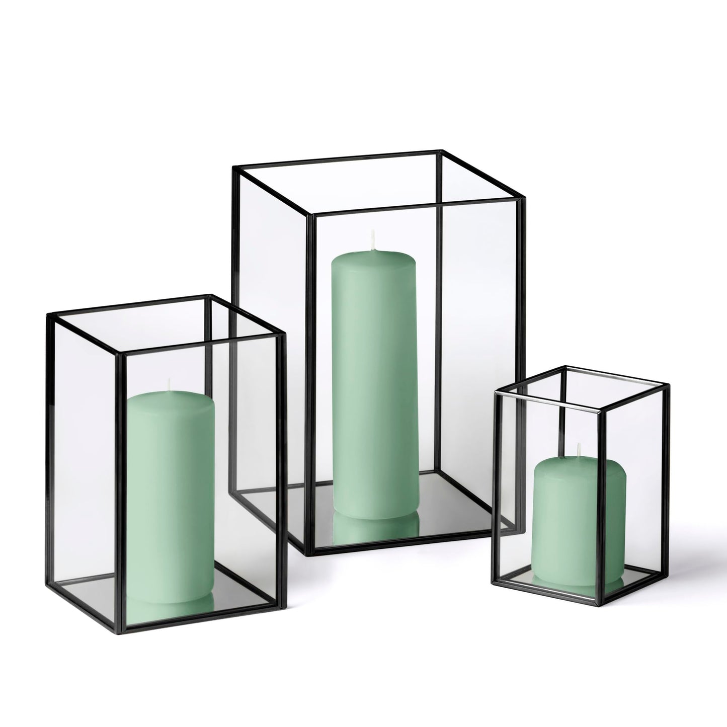 Yummi Set of 36 Slim Pillar Candles & Black Luxus Lanterns - Sage