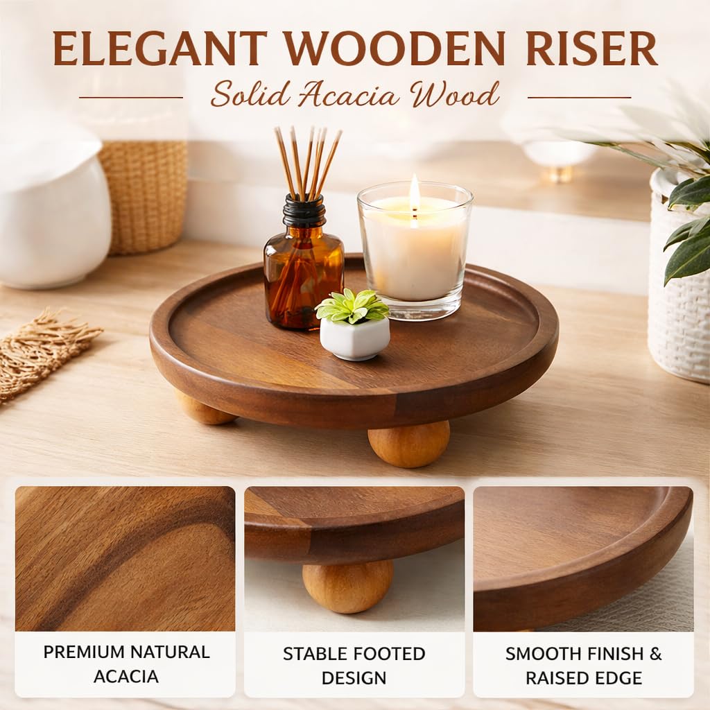 Wooden Riser for Display, 5 Inch Round Wood Riser Pedestal Stand, Small Round Wooden Tray & Wood Pedestal Tray, Elevated Tray for Candles Plants Bottles Vases, Farmhouse Tabletop Entry Table Centerpiece Decor