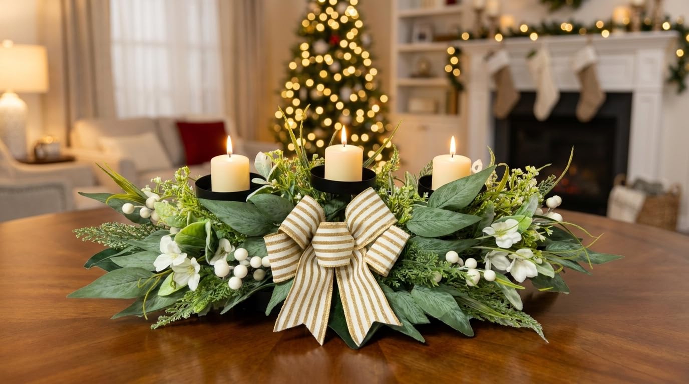 Candle Holder Centerpiece for Table,3 Wick Candle Holder with Artificial Gypsophila Flower,Artificial Eucalyptus Leaves Magnolia Holly Berries and Striped Bow for Table Centerpiece Decor,Dining Room