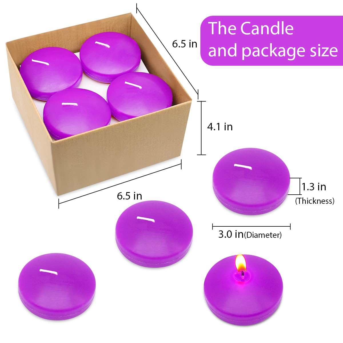 Set of 12 Purple Colored Floating Candles, Large 3 Inch Unscented Pool Water Wax Candles for Vases, Centerpieces at Wedding, Party, Holiday - 10 Hour Burn Time