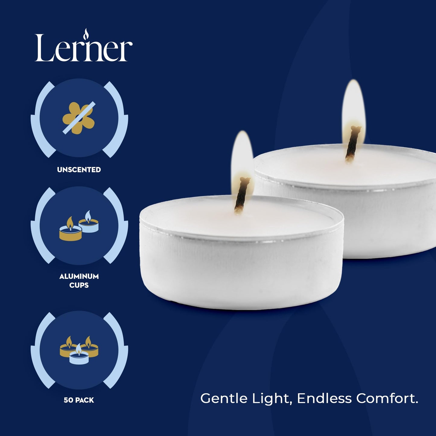 Lerner Tealight Candles, 50 Count| 8 Hours Long-Burning White Tea Light Candles| Non-Toxic, Smokeless & Soot-Free Tea Light Warmer Candles | Unscented Party, Décor, Shabbat Tea Candles