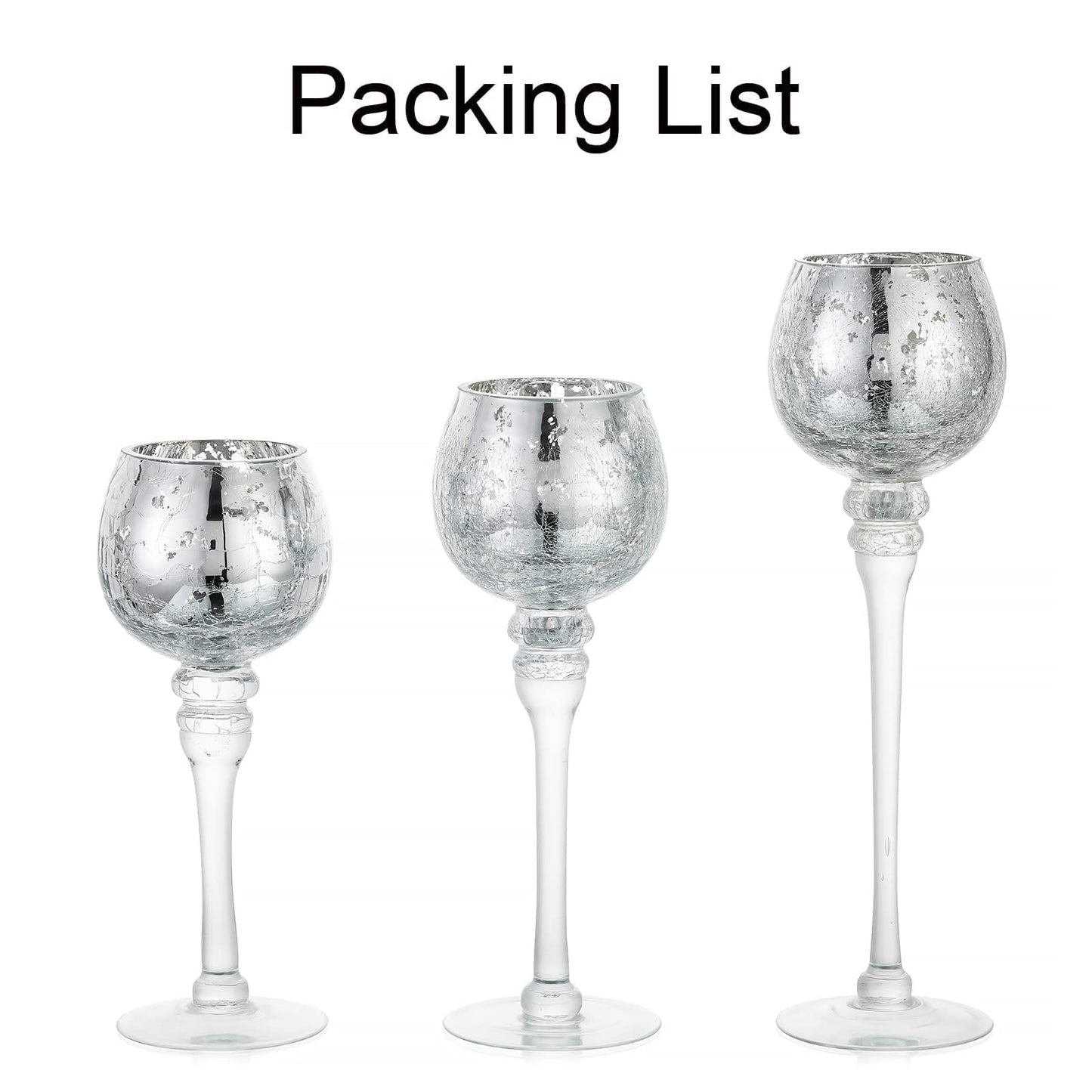 Inweder Glass Tealight Candle Holder: Silver Mercury Votive Holders 9/10/12 Inch Tall Long Setm Floating Candle Holders for Christmas Dining Table Centerpiece Wedding Party Set of 3