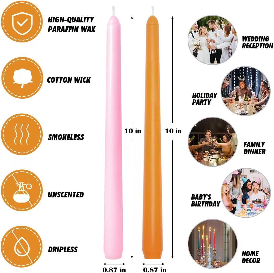 6-Pack Orange and 6-Pack Pink Taper Candles, 10 Inch Unscented Dripless Candlesticks, Long-Lasting Burn Time of 7-8 Hours, Perfect for Home Décor Dinner Party