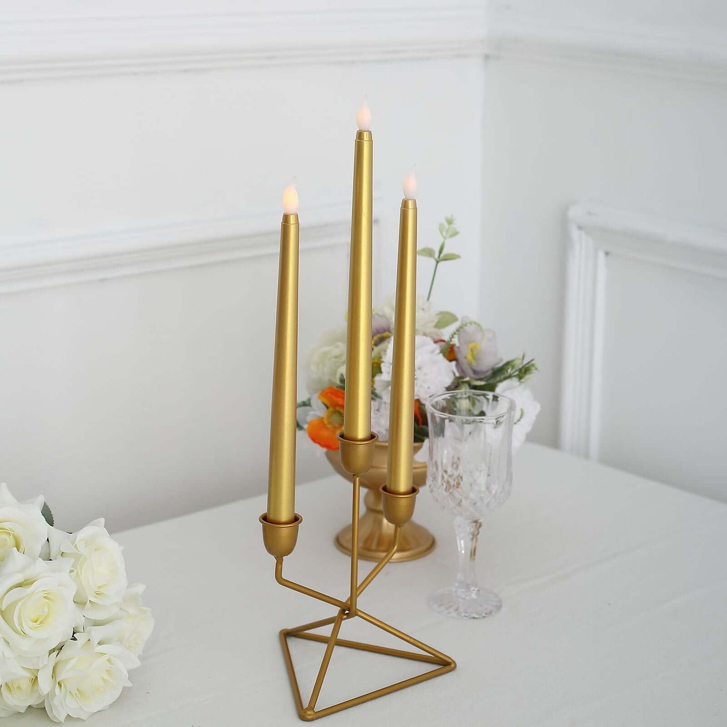 Efavormart Set of 3 | 11" Gold Flickering Flameless LED Taper Candles, Battery Operated Warm Glow Fake Candles for Wedding Centerpieces & Holiday Table Decor
