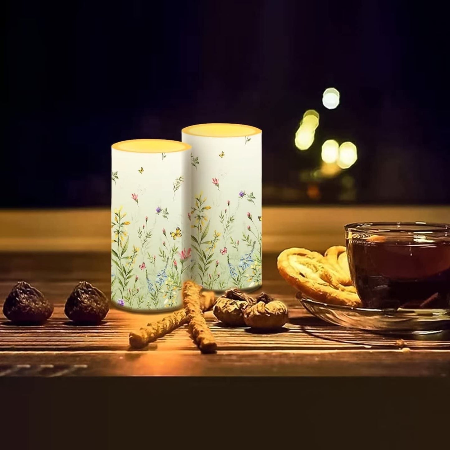 NETILGEN Flameless Candles LED Battery Operated Candles with Realistic Set of 2 with 18 Key Remote Control Timer Dancing Flame Pillar Candles for Home Beach Farmhouse, Floral Green
