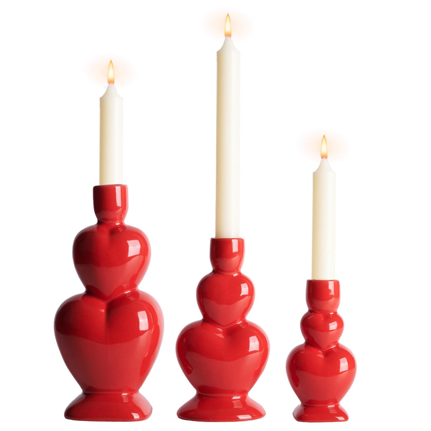 WDS WONDROUS Taper Candle Holder Set of 3 - Valentine's Day Candlestick Holders Wedding Decor, Red Heart Ceramic Candle Sticks Holders for Table Farmhouse Decor Romantic Housewarming Gift