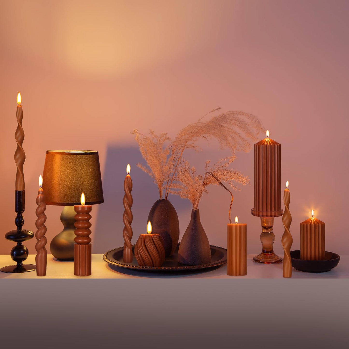 Nuanchu 9 Pcs Modern Decorative Candles Set 5 Pillar Aesthetic Ribbed Candles 4 Spiral Taper Twisted Candlesticks Scented Smokeless Soy Wax for Wedding Holiday Dinner Home Decorations(Brown)