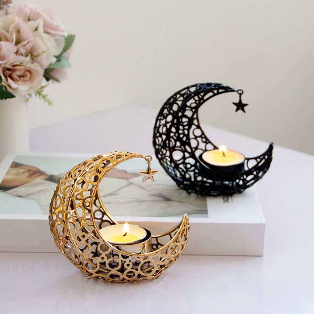 Uonlytech Moon Candle Holder Metal Hollow Crescent Tea Light Stand 4.13In Desktop Decor for Home Bar Restaurant Creating Warm Romantic Atmosphere