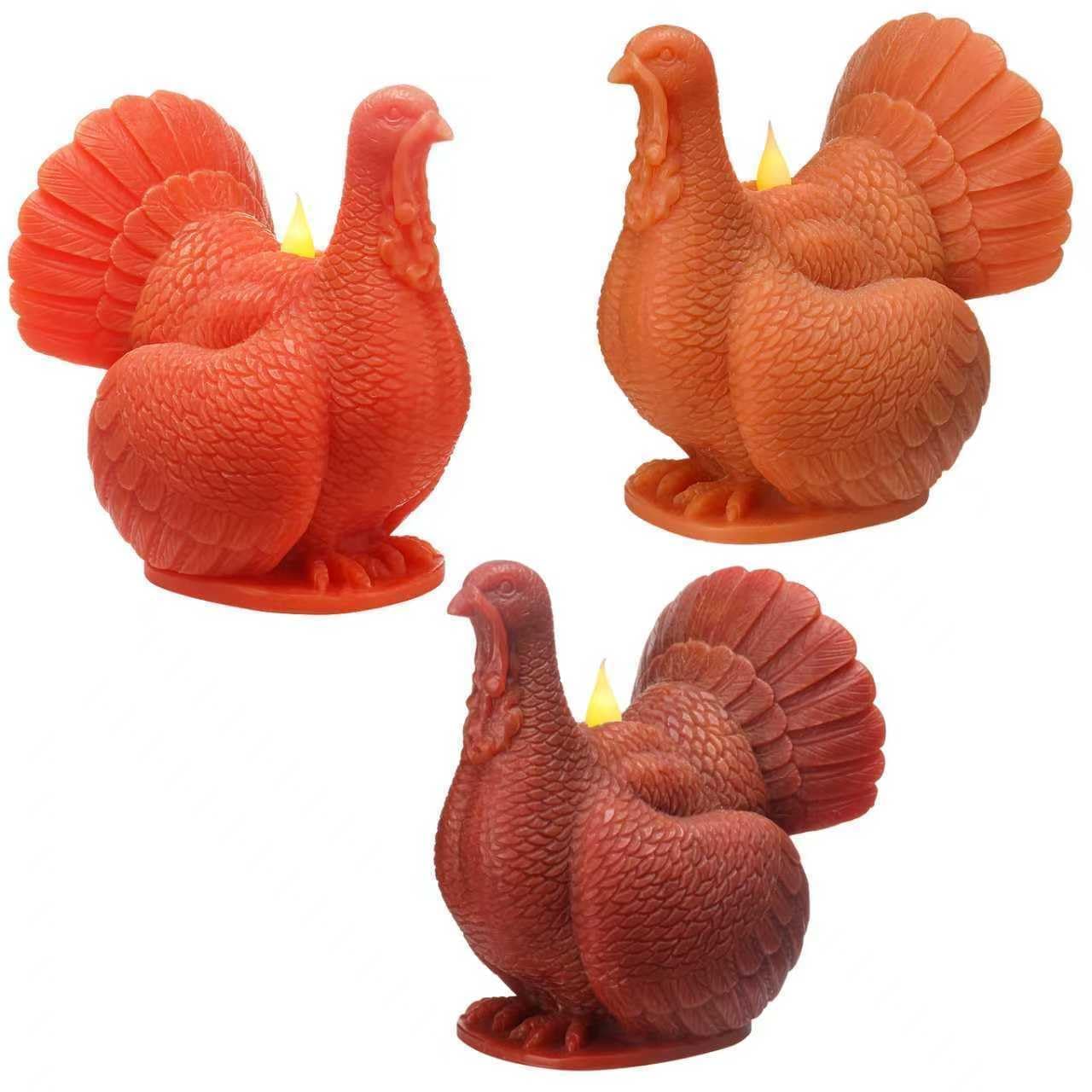 LCZLUMIPRO Set of 3 Autumn Harvest Flameless Candles - Real Wax Turkey Shaped LED Candles with Remote Timer, Battery Operated for Fall Thanksgiving Table & Winter Home Decor