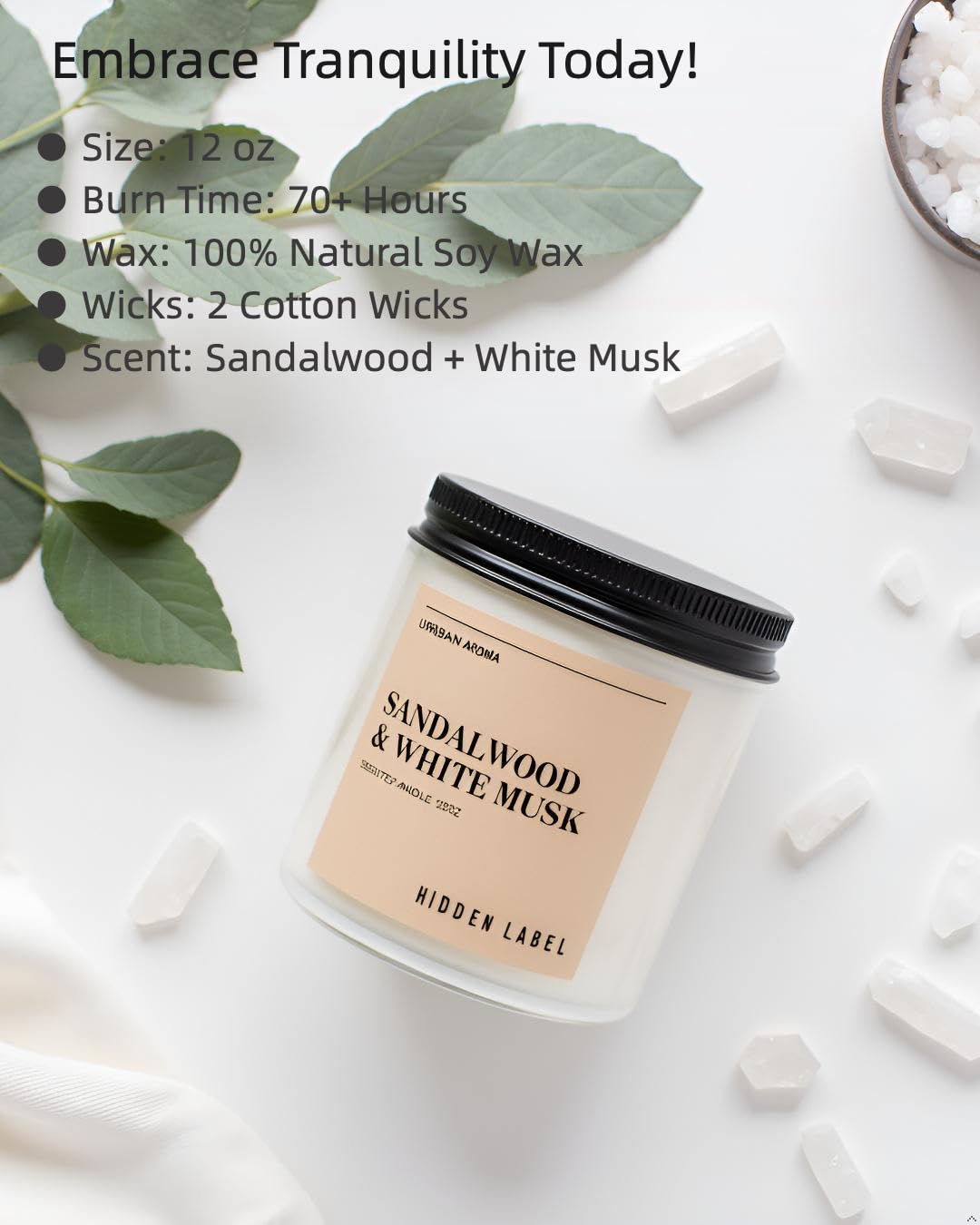 Sandalwood White Musk Scented Candle, 12oz Natural Soy Wax, 2 Wick Aromatherapy Candles for Home, 70Hours Burn Time, Non Toxic, Clean Burn, Gifts for Women, Yoga, Stress Relief, Relaxation
