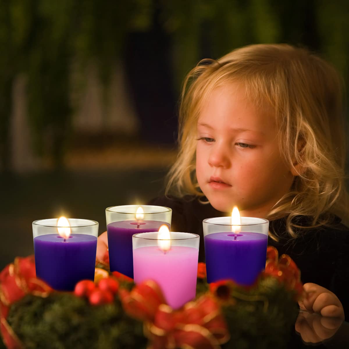 UNICY 12 Packs Advent Candles with Clear Glass Holder, 9 Purple and 3 Pink Votive Candles, Unscented Seasonal Celebration Candles for Christmas Table Decoration, 1.8oz, KFUS-12VOT-ZIFEN