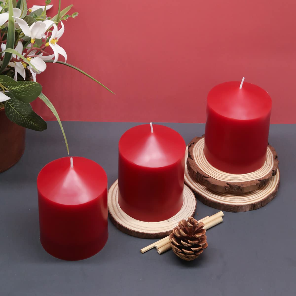 3x4 Inch Red Pillar Candles, 3 Packs Unscented Smokeless Dripless Cylinder Candles for Christmas, Wedding, Party, Home and Dinner Table, 45 Hours Burn