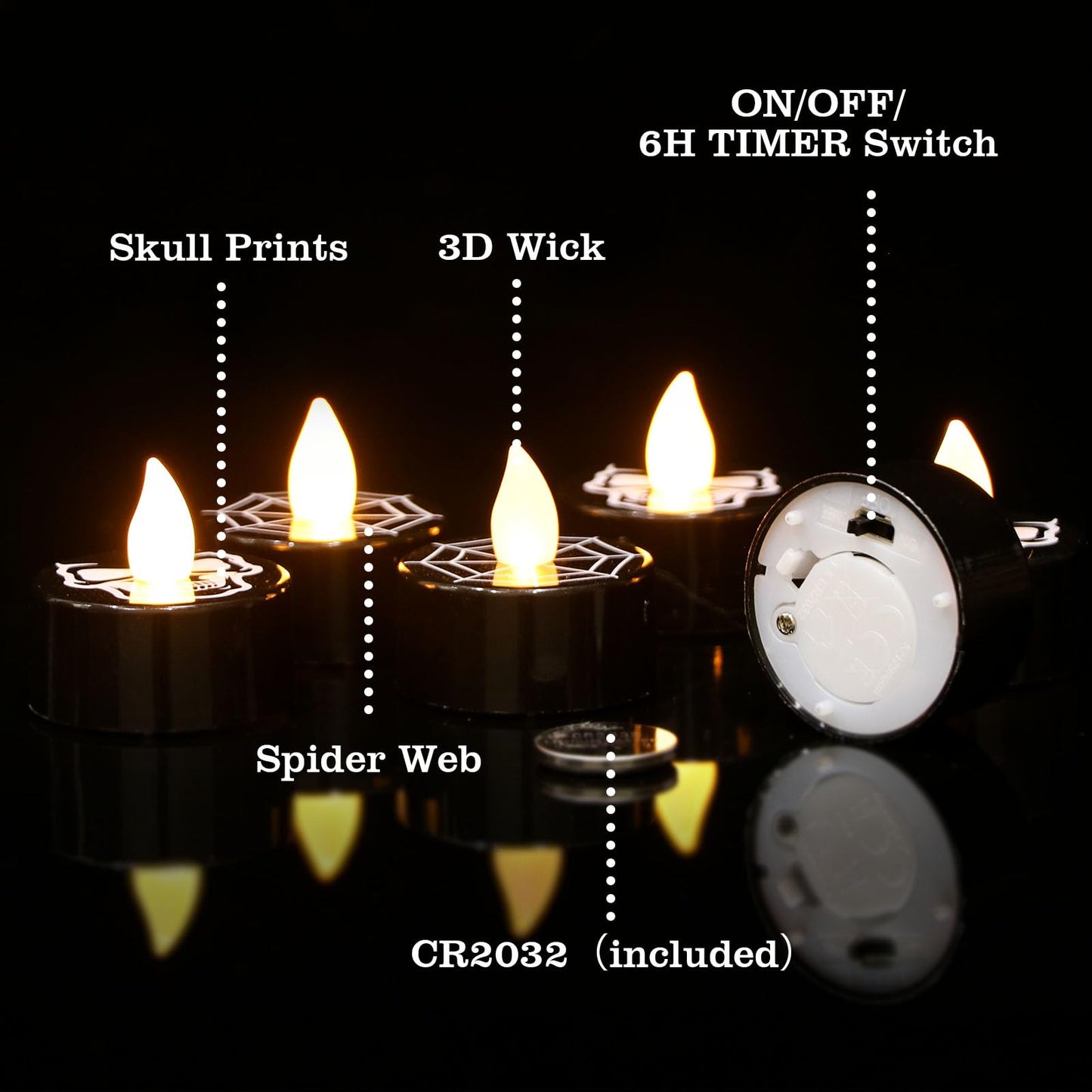 GenSwin Halloween Black Tealights Candles, Battery Operated Tea Lights Candles with Timer, 12 Pack Flameless Candles with 3D Wick, LED Votive Candles with Skull and Spiderweb Prints for Home Decor
