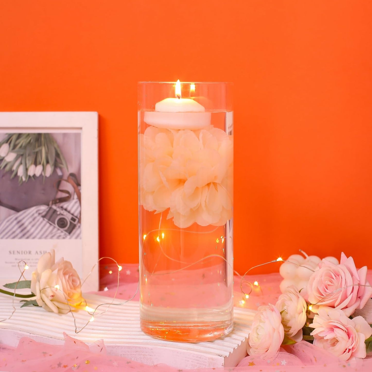 WPPNSY 24 Pcs Floating Candles for Centerpieces and Floating Flowers Artificial Flowers Head Vase Filler for Party Home Table Wedding Centerpieces Decoration (Champagne)