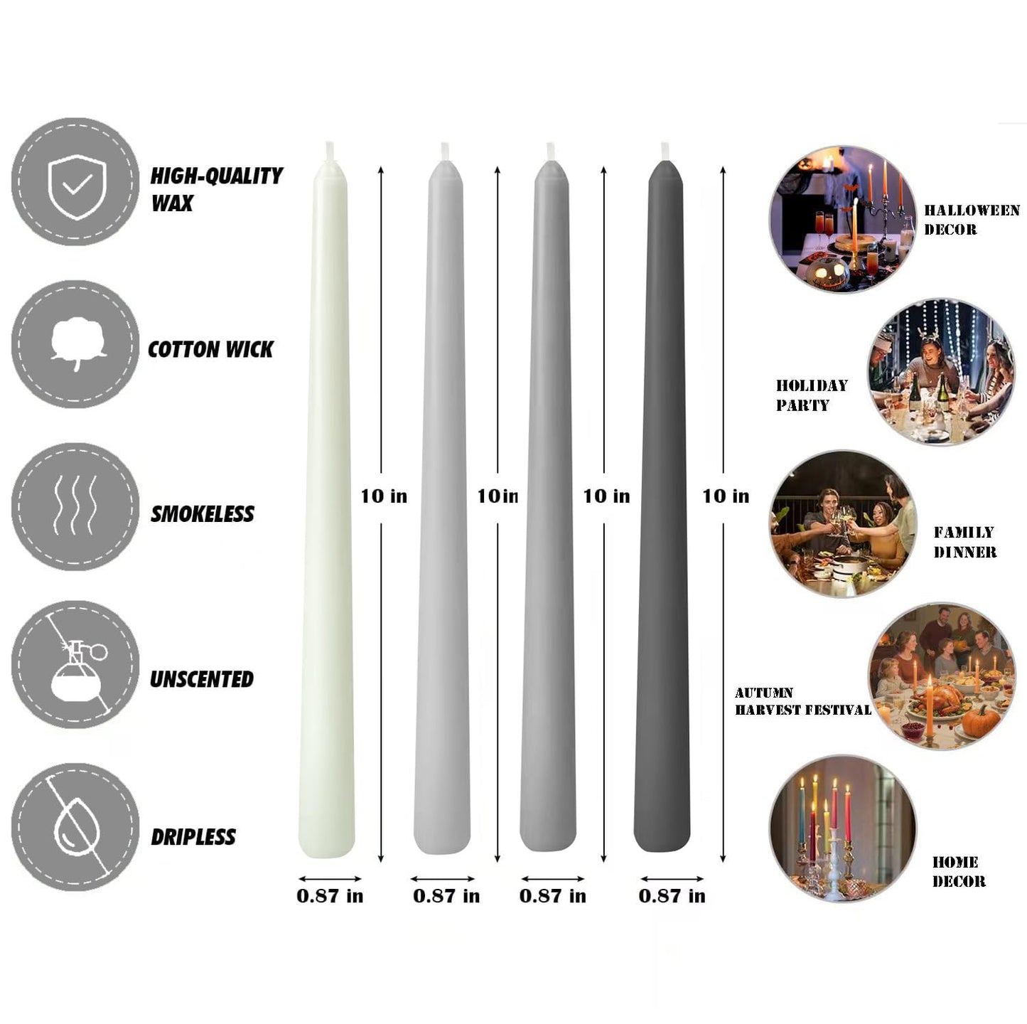 12-Pack Gradient Grey Taper Candles, 10 Inch Unscented Dripless Candlesticks, Long-Lasting Burn Time of 7-8 Hours, Perfect for Dinners Parties Home Décor